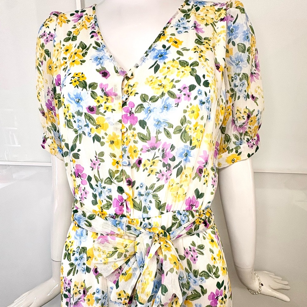 🎀 CALVIN KLEIN Romantic Floral Spring Midi Dress Puff Sleeve Ruffle Hem Sz 6 - Picture 4 of 9
